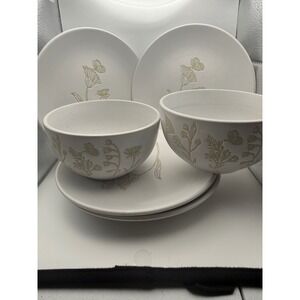Hobby Lobby White Stoneware Floral Butterfly 6pc Set 4 Plates 2 Bowls Farmhouse